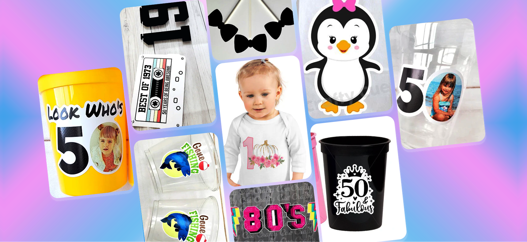 Crafty Cue joyful celebration scene with banners, cups, and cupcakes