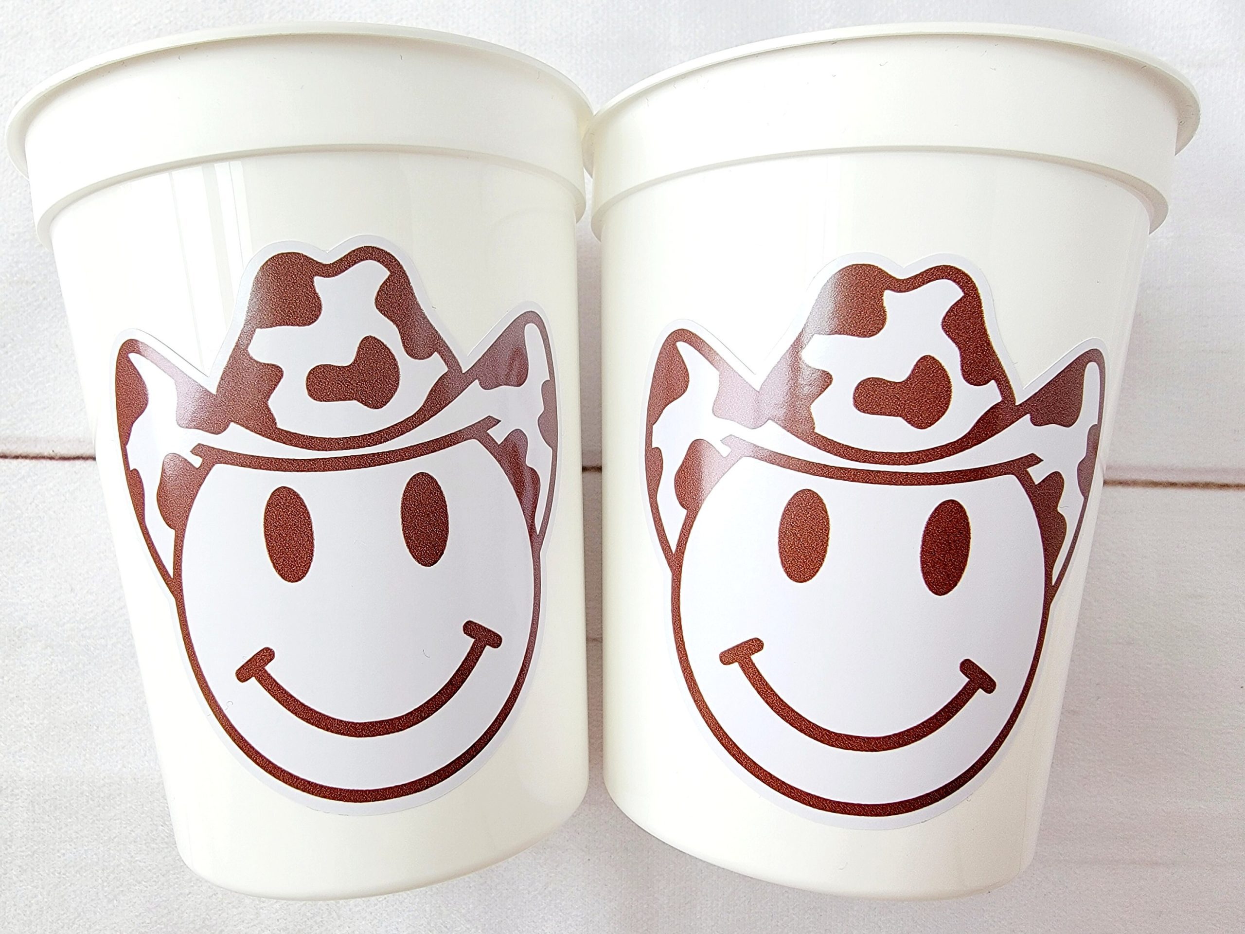 Brown COWBOY HAPPY FACE Cups Cowboy Cups Cowboy Party Favor Cowgirl Bachelorette Party Cowboy Birthday Rodeo Party Cow Print Hat Cups Disco - Image 2