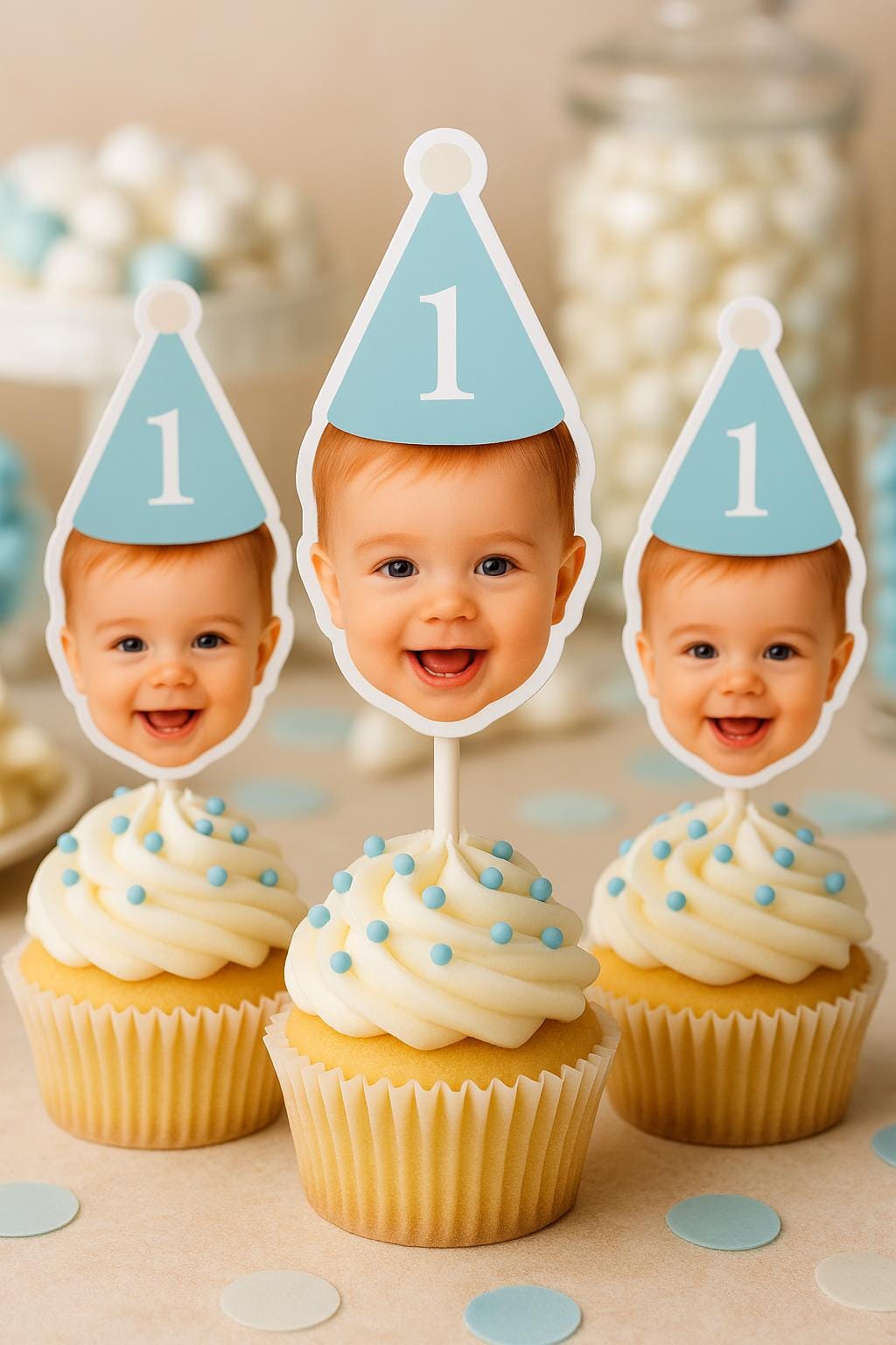 Custom Baby Face Cupcake Toppers | Personalized First Birthday Party Decorations | Hat 1st Birthday Cupcake Picks, Face on a stick Picks - Image 2