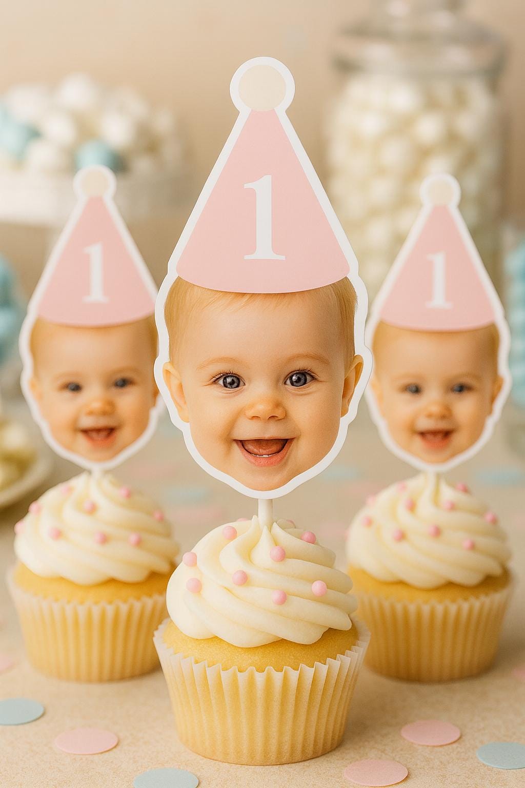Custom Baby Face Cupcake Toppers | Personalized First Birthday Party Decorations | Hat 1st Birthday Cupcake Picks, Face on a stick Picks - Image 4