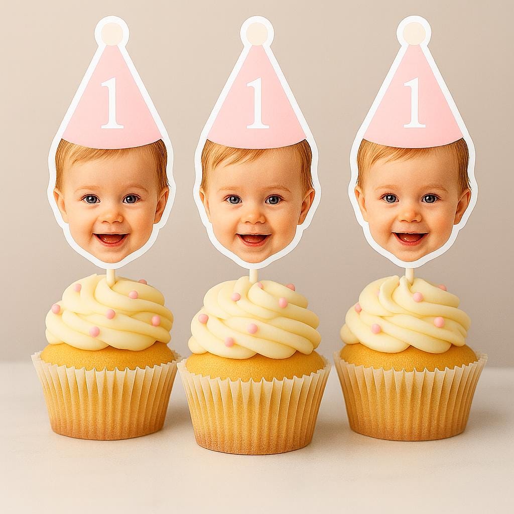 Custom Baby Face Cupcake Toppers | Personalized First Birthday Party Decorations | Hat 1st Birthday Cupcake Picks, Face on a stick Picks - Image 3