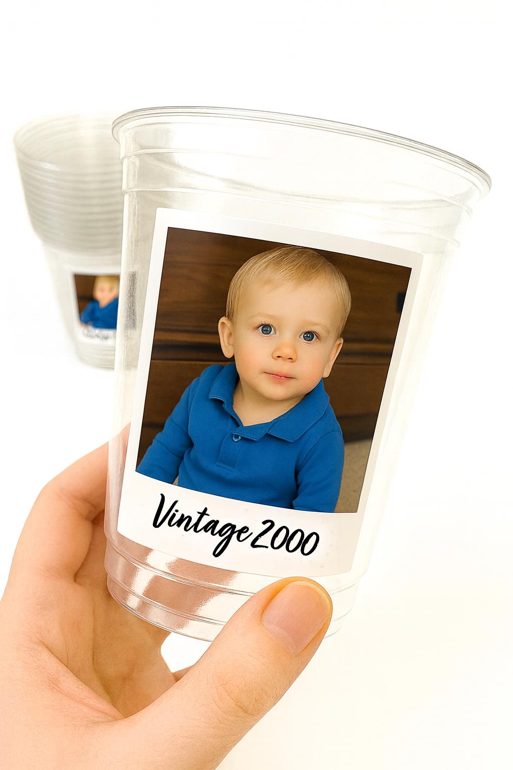 Custom Photo Cups 16oz, Personalized Plastic Party Cups Text & Picture, Picture Birthday Cups, Event Favors, Vintage Est. Year, Face on Cup - Image 2
