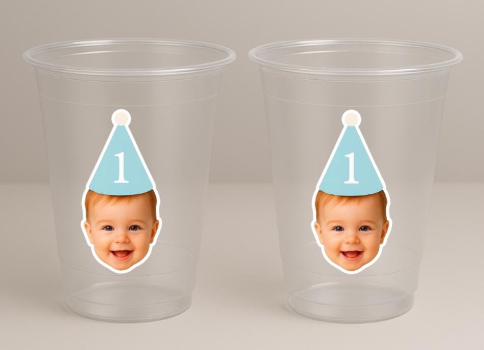 Custom Baby Face 1st Birthday Cups | Personalized Plastic Party Cups with Photo & Hat | First Birthday Favors | Pink or Blue | Decorations - Image 3
