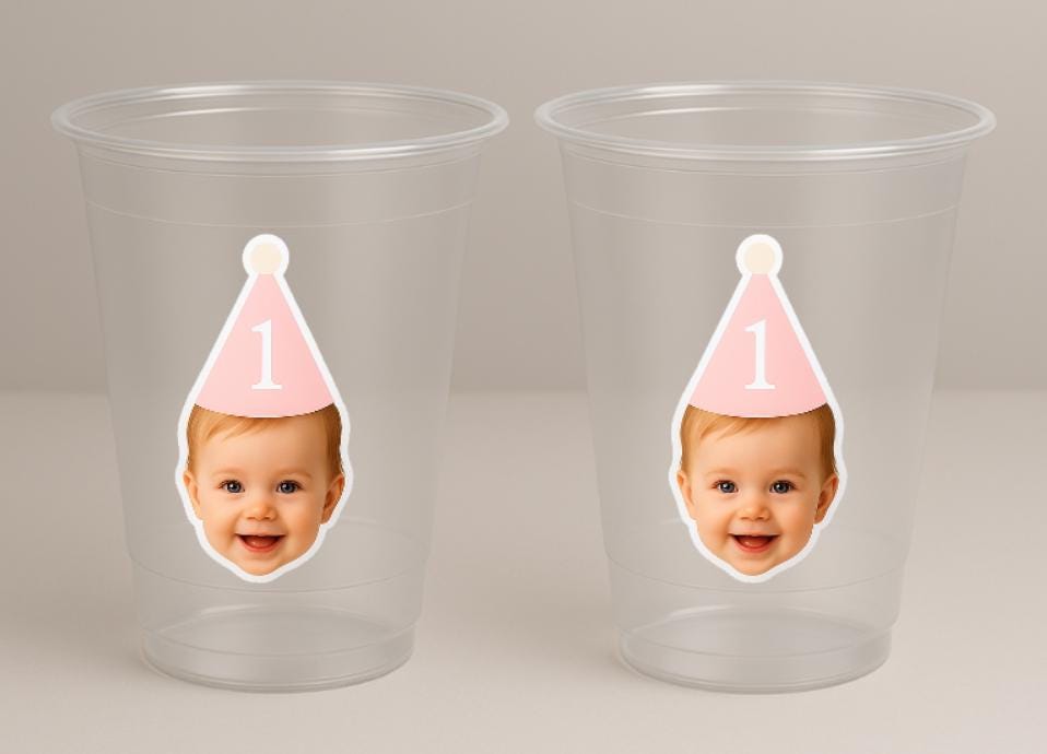 Custom Baby Face 1st Birthday Cups | Personalized Plastic Party Cups with Photo & Hat | First Birthday Favors | Pink or Blue | Decorations - Image 4