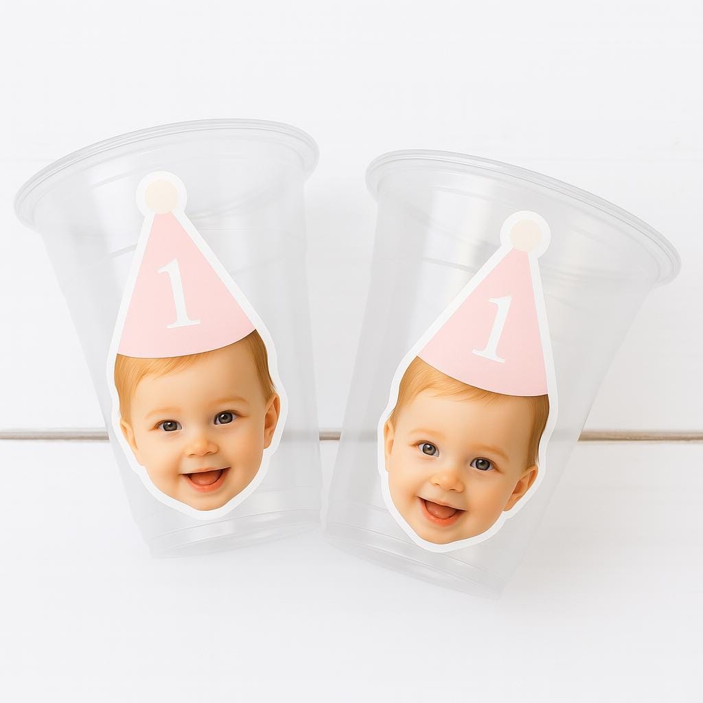 Custom Baby Face 1st Birthday Cups | Personalized Plastic Party Cups with Photo & Hat | First Birthday Favors | Pink or Blue | Decorations - Image 2
