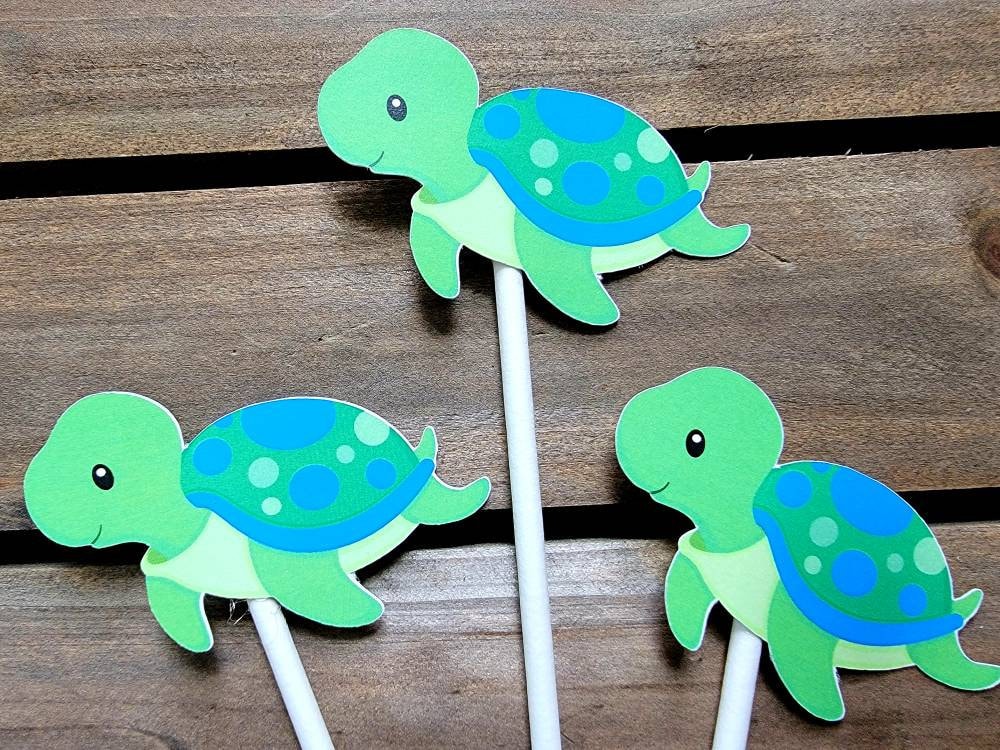 Turtle Cupcake Toppers - Turtle Birthday - Turtle Baby Shower - Under The Sea Cupcake Toppers - Blue and Green Turtle (528171019A) - Image 2