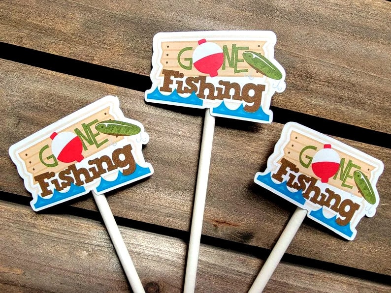 Gone Fishing Cupcake Toppers, Fisherman Cupcake Topper, Fishing Birthday, Fishing Party, Fishing Cake Toppers, Fishing Bobber Cupcake Topper - Image 2