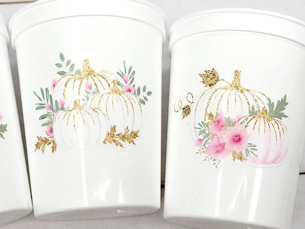 PINK PUMPKIN PARTY Cups - Reusable Pink Pumpkin Party Pink and Gold Pumpkin Cups Little Pumpkin Fall Baby Shower Pink Pumpkin Little Pumpkin - Image 3