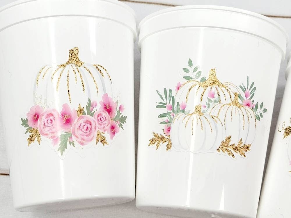 PINK PUMPKIN PARTY Cups - Reusable Pink Pumpkin Party Pink and Gold Pumpkin Cups Little Pumpkin Fall Baby Shower Pink Pumpkin Little Pumpkin - Image 2