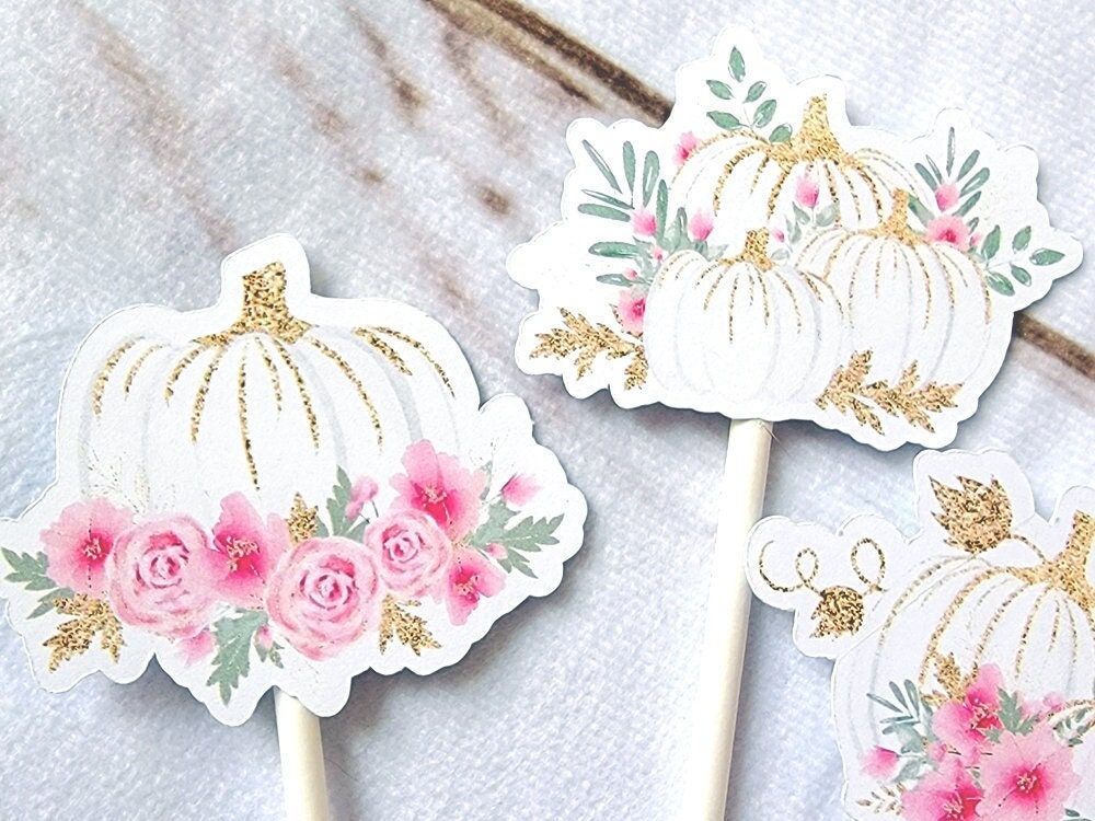 Pink and Gold Pumpkin Cupcake Toppers - Pink Little Pumpkin Cupcake Toppers Fall Party Decorations Fall Baby Shower Decorations Pink Pumpkin - Image 2