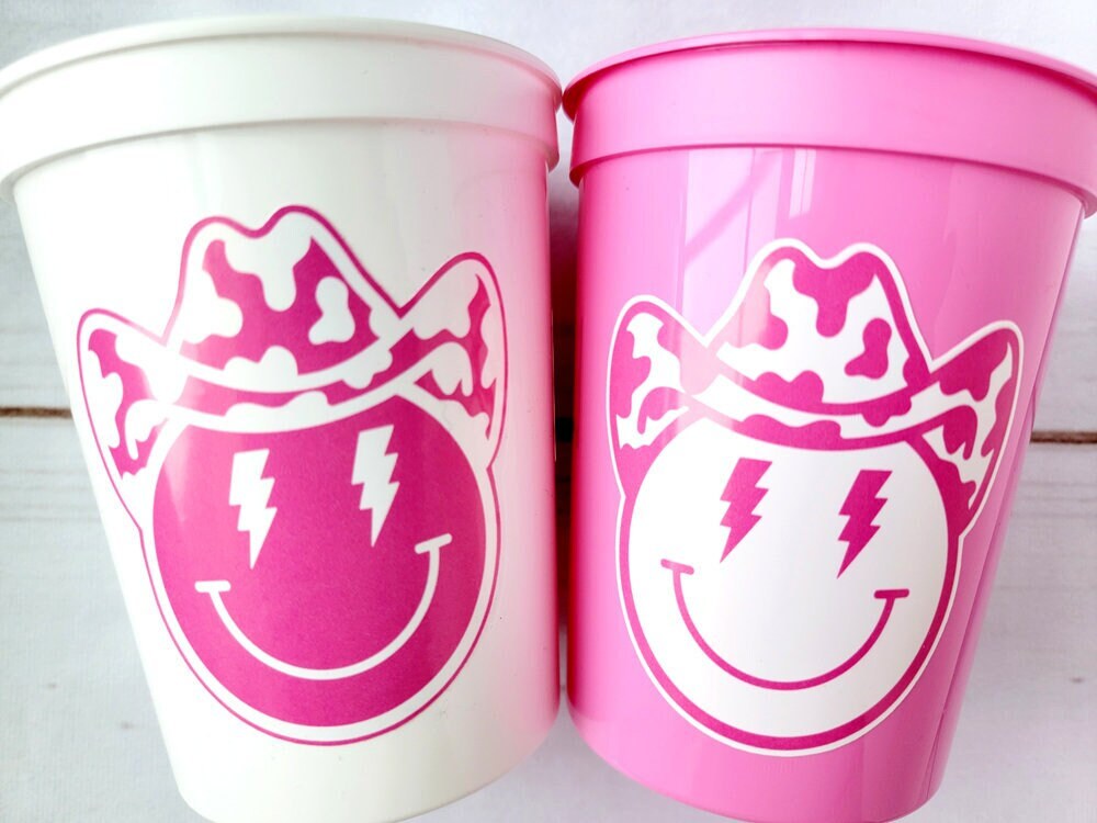COWGIRL HAPPY FACE Cups Cowgirl Cups Cowgirl Party Favor Cowgirl Bachelorette Party Cowgirl Birthday Rodeo Party Cow Print Hat Cups Disco - Image 2