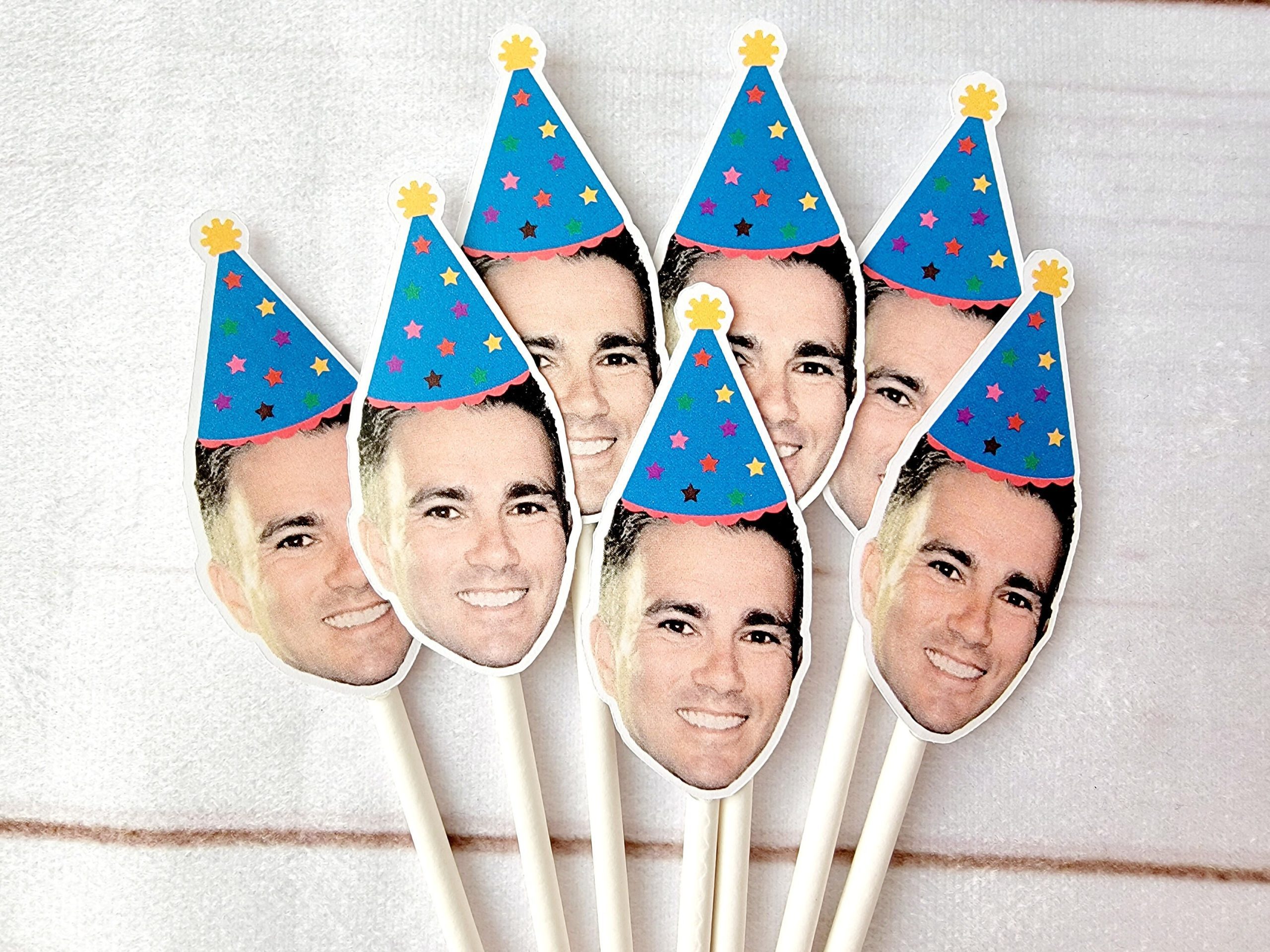 Photo Cupcake Toppers, Face Cupcake Toppers, Face On A Stick Cupake Toppers, Picture Cupcake Toppers, Face with Hat Cupcake Toppers, Funny - Image 2