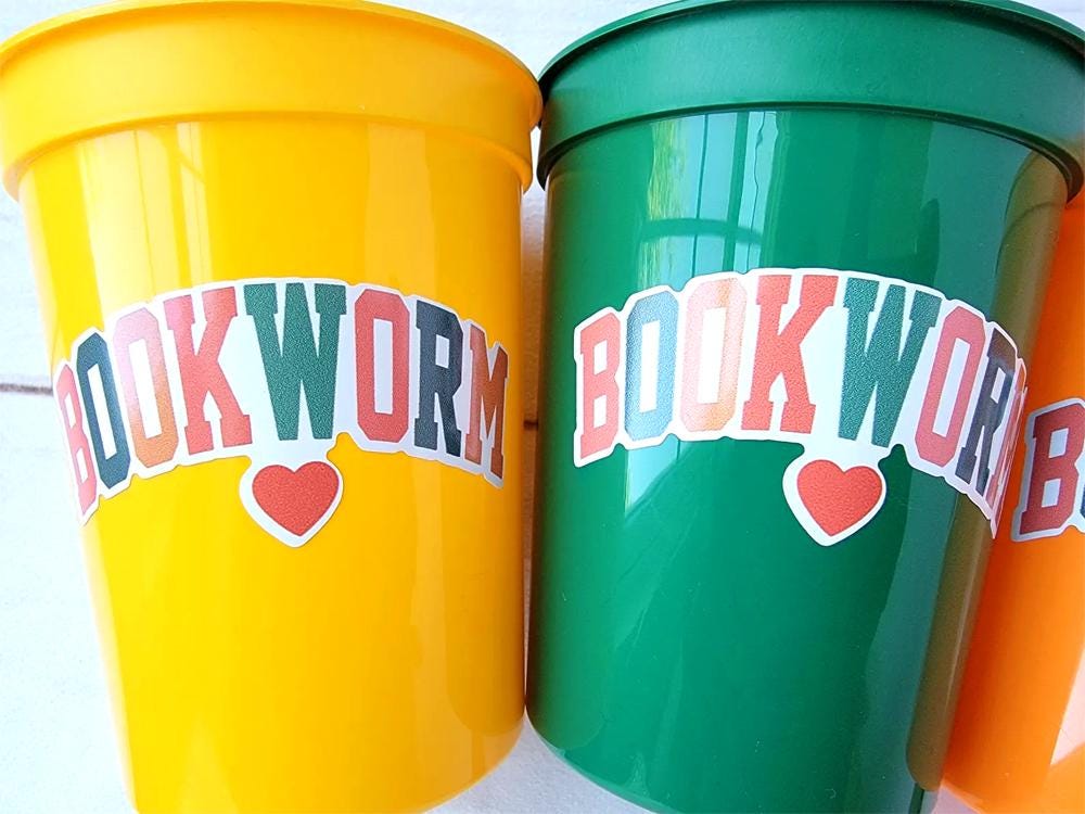 BOOKWORM CUPS, Book Birthday Cups, Book Baby Shower, Book Party Favors, Reading Party Cups, Teacher Gift, Back to School, Teacher Cups, Book - Image 2