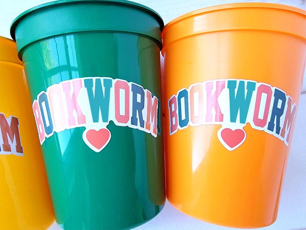 BOOKWORM CUPS, Book Birthday Cups, Book Baby Shower, Book Party Favors, Reading Party Cups, Teacher Gift, Back to School, Teacher Cups, Book - Image 3