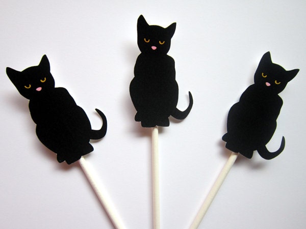 Black Cat Cupcake Toppers, Halloween Cupcake Toppers, Halloween Party Decorations, Halloween Cake Toppers, Black Cat Party Supplies 9320951A - Image 2