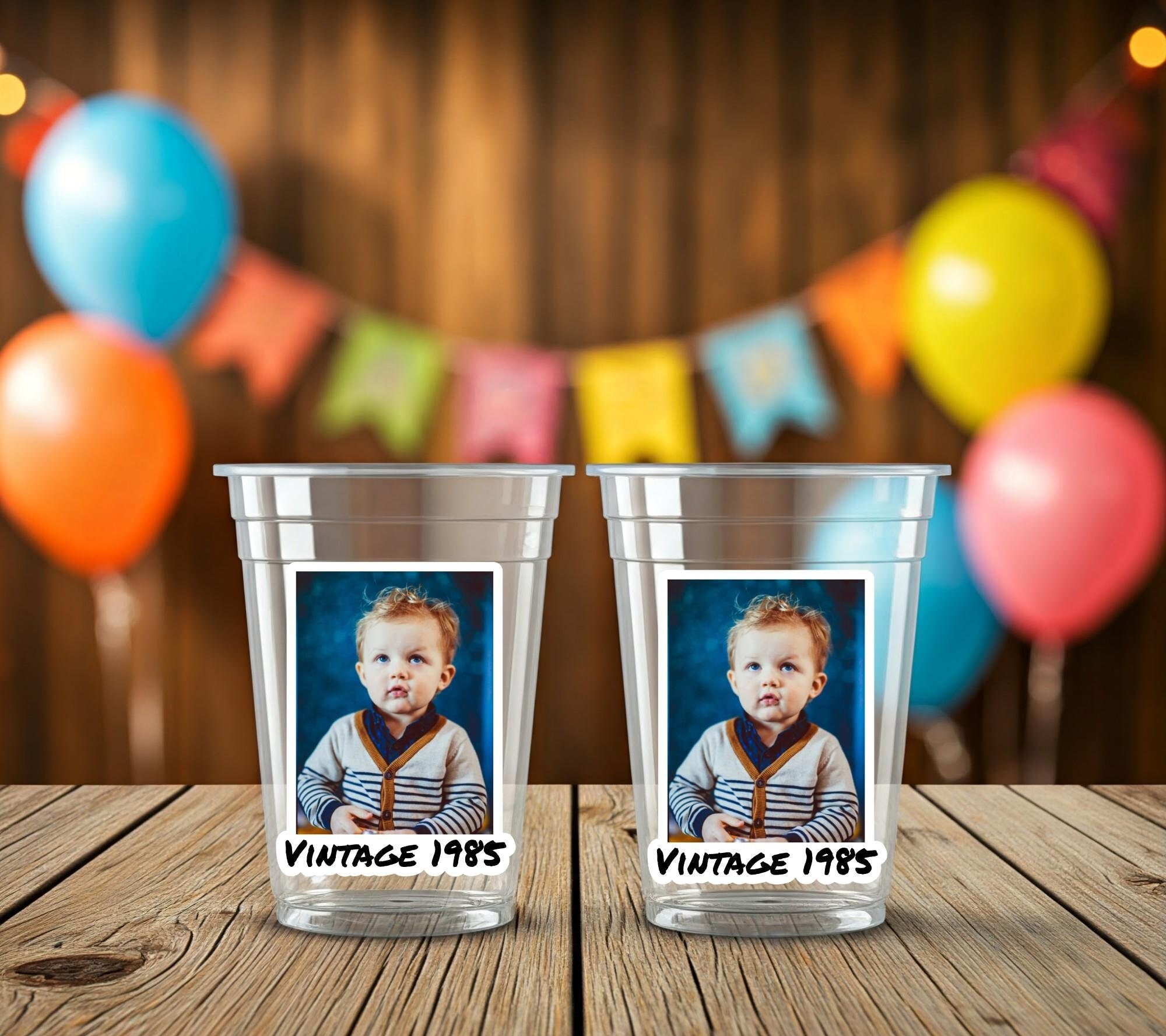 Custom birthday party cups, birthday decorations with face, photo gifts, party decorations, Vintage 30th Cups, Vintage 40th Cup, Picture Cup - Image 2