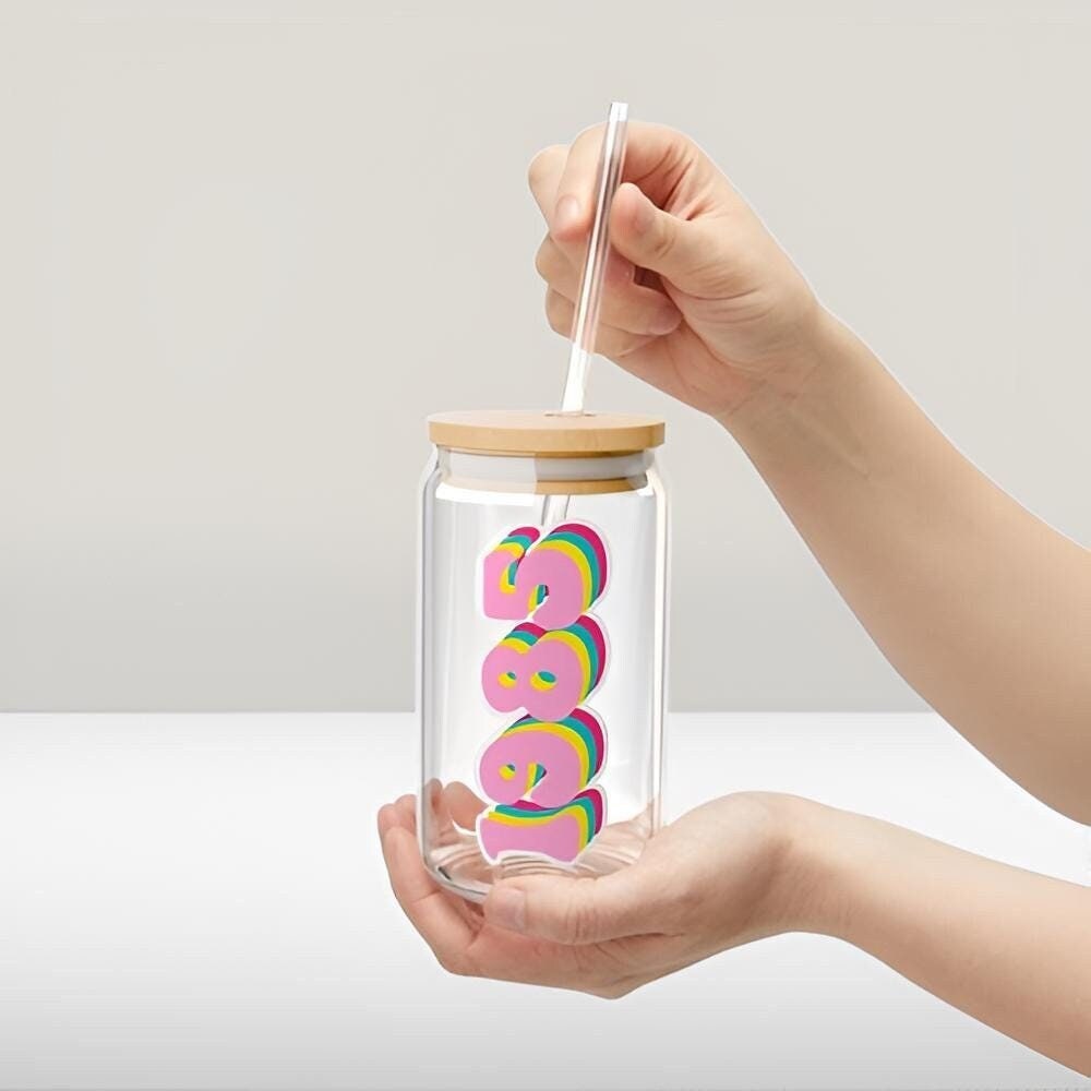 Vintage 1985 Glass Cup, Reusable Water Bottle, Glass Coffee Mug, Birthday Gift, Drinkware Decor - Image 2