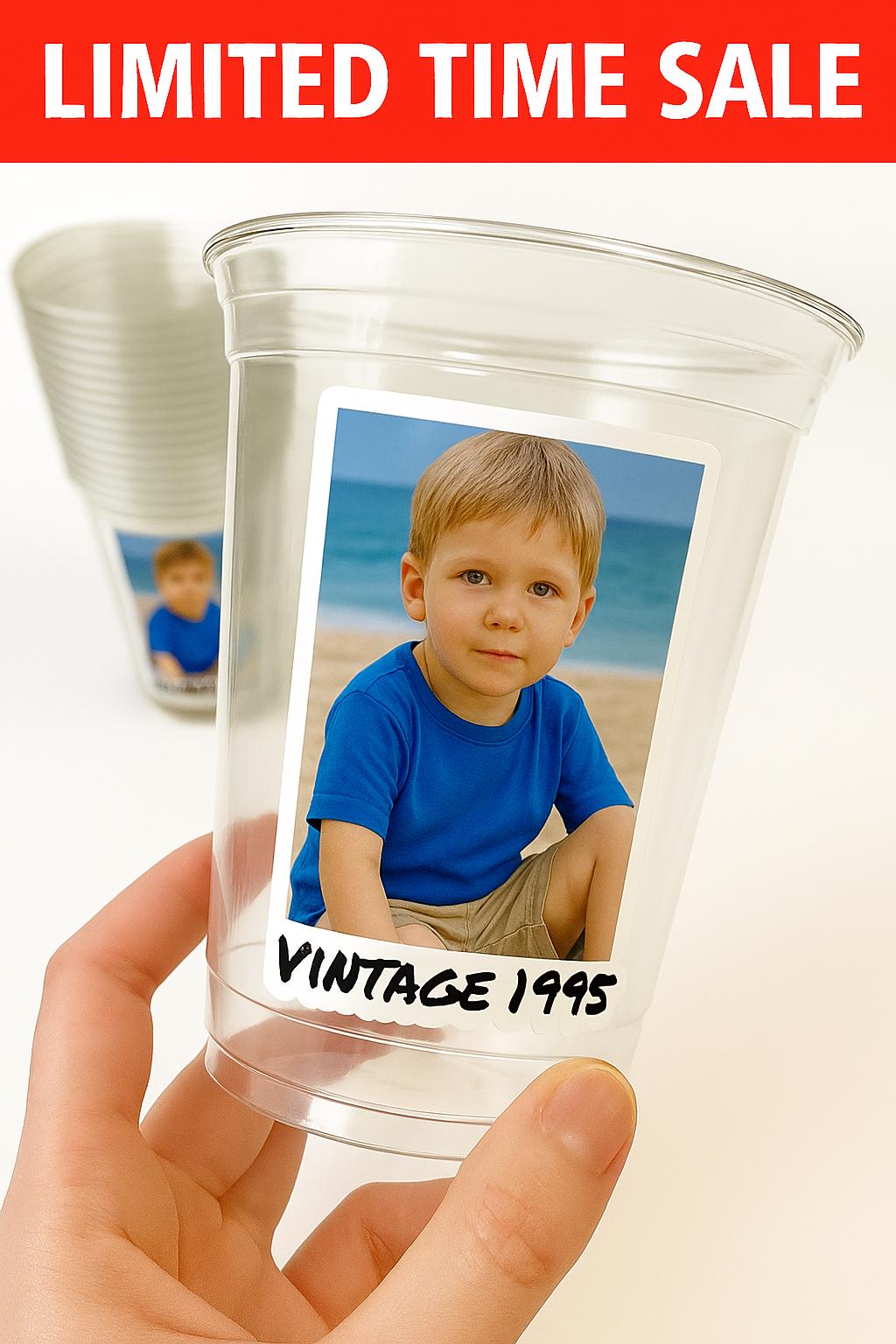 Custom Photo Cups 16oz – Personalized Plastic Party Cups with Text & Picture – Birthday Cups, Event Favors, Vintage Est. Year, Face on Cup - Image 2