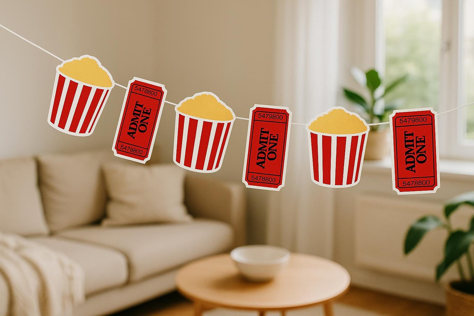 Movie Party Garland, Movie Party Banner, Popcorn and Movie Ticket Garland Banner, Popcorn Garland, Photo Prop - Image 2